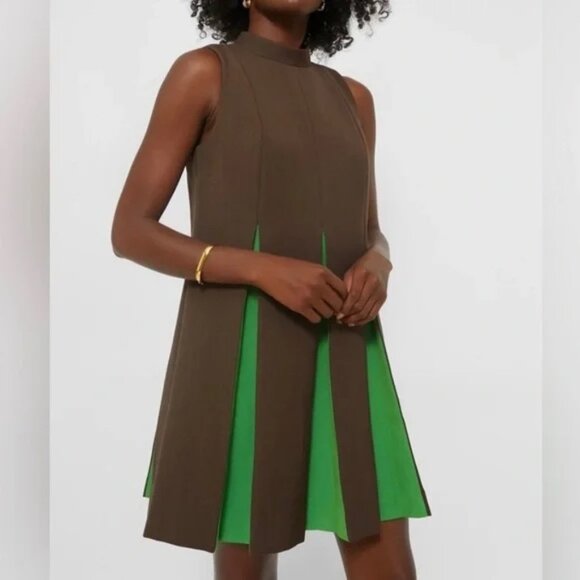 NWT |Tuckernuck Demitasse Griffiths Sleeveless Pleated Mini Dress Brown/Green XS - Picture 1 of 6